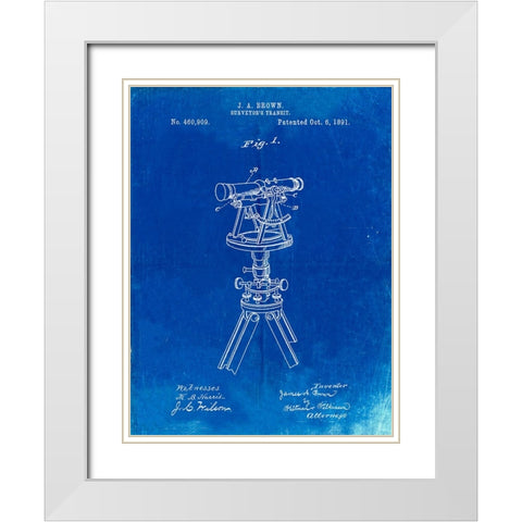 PP1075-Faded Blueprint Surveyor s Transit White Modern Wood Framed Art Print with Double Matting by Borders, Cole