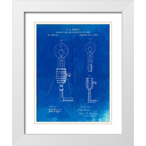 PP1082-Faded Blueprint T. A. Edison Light Bulb and Holder Patent Art White Modern Wood Framed Art Print with Double Matting by Borders, Cole