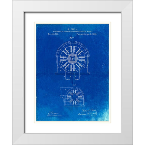 PP1092-Faded Blueprint Tesla Coil Patent Poster White Modern Wood Framed Art Print with Double Matting by Borders, Cole