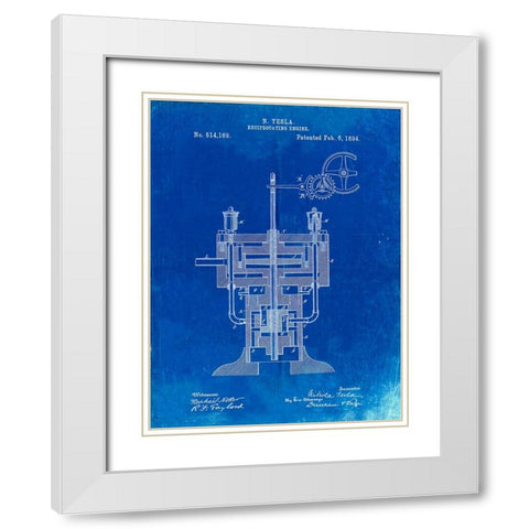 PP1094-Faded Blueprint Tesla Reciprocating Engine Poster White Modern Wood Framed Art Print with Double Matting by Borders, Cole