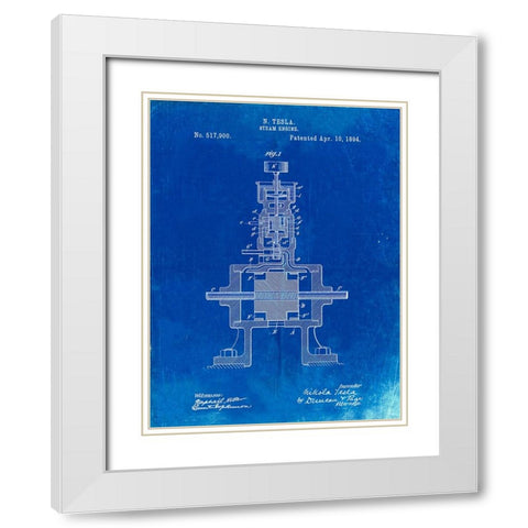 PP1096-Faded Blueprint Tesla Steam Engine Patent Poster White Modern Wood Framed Art Print with Double Matting by Borders, Cole