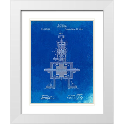 PP1096-Faded Blueprint Tesla Steam Engine Patent Poster White Modern Wood Framed Art Print with Double Matting by Borders, Cole