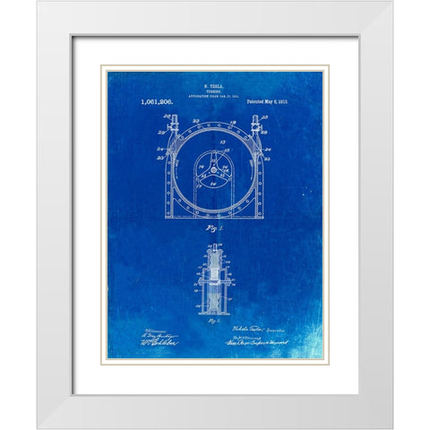 PP1097-Faded Blueprint Tesla Turbine Patent Poster White Modern Wood Framed Art Print with Double Matting by Borders, Cole