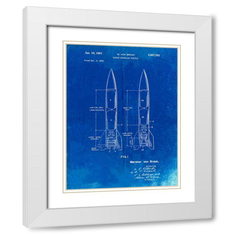 PP1129-Faded Blueprint Von Braun Rocket Missile Patent Poster White Modern Wood Framed Art Print with Double Matting by Borders, Cole
