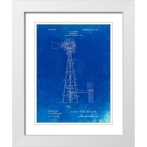 PP1137-Faded Blueprint Windmill 1906 Patent Poster White Modern Wood Framed Art Print with Double Matting by Borders, Cole