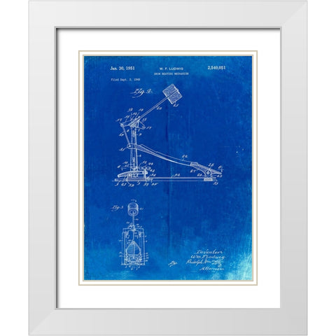 PP104-Faded Blueprint Drum Kick Pedal Poster White Modern Wood Framed Art Print with Double Matting by Borders, Cole