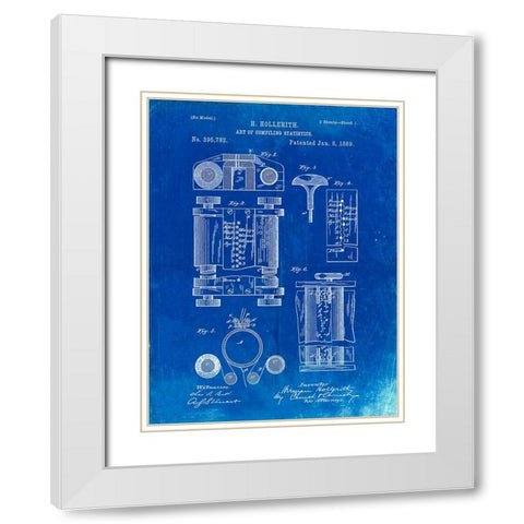 PP110-Faded Blueprint Hollerith Machine Patent Poster White Modern Wood Framed Art Print with Double Matting by Borders, Cole
