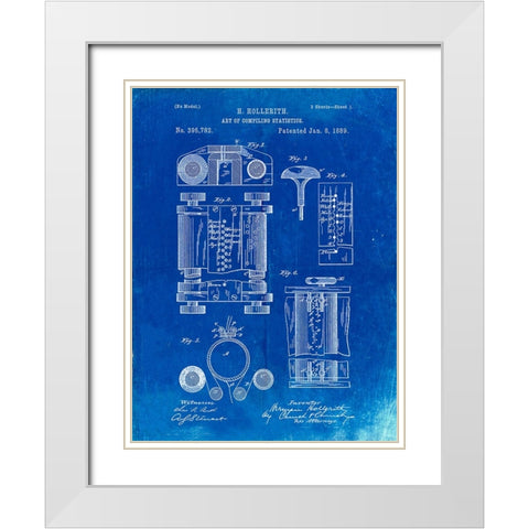 PP110-Faded Blueprint Hollerith Machine Patent Poster White Modern Wood Framed Art Print with Double Matting by Borders, Cole
