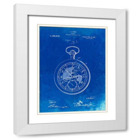 PP112-Faded Blueprint U.S. Watch Co. Pocket Watch Patent Poster White Modern Wood Framed Art Print with Double Matting by Borders, Cole