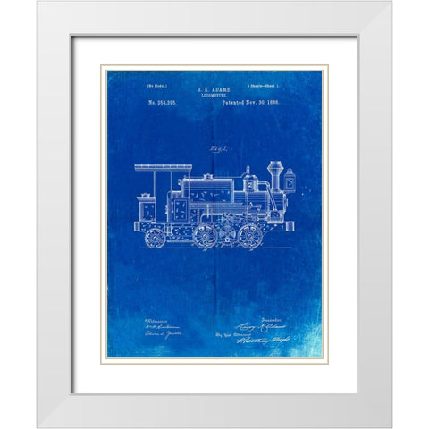PP122- Faded Blueprint Steam Locomotive 1886 Patent Poster White Modern Wood Framed Art Print with Double Matting by Borders, Cole
