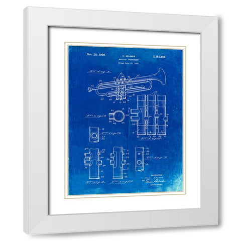 PP141- Faded Blueprint Selmer 1939 Trumpet Patent Poster White Modern Wood Framed Art Print with Double Matting by Borders, Cole