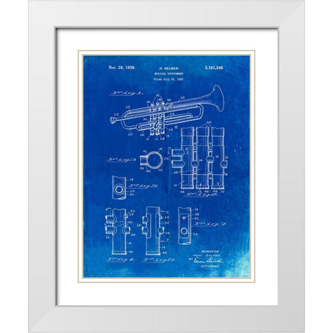 PP141- Faded Blueprint Selmer 1939 Trumpet Patent Poster White Modern Wood Framed Art Print with Double Matting by Borders, Cole