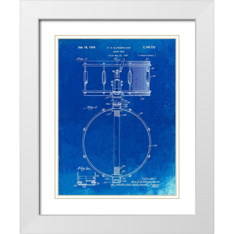 PP147- Faded Blueprint Slingerland Snare Drum Patent Poster White Modern Wood Framed Art Print with Double Matting by Borders, Cole
