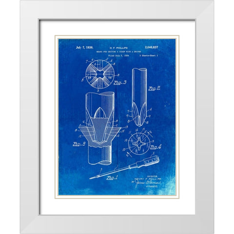 PP153- Faded Blueprint Phillips Head Screw Driver Patent Poster White Modern Wood Framed Art Print with Double Matting by Borders, Cole