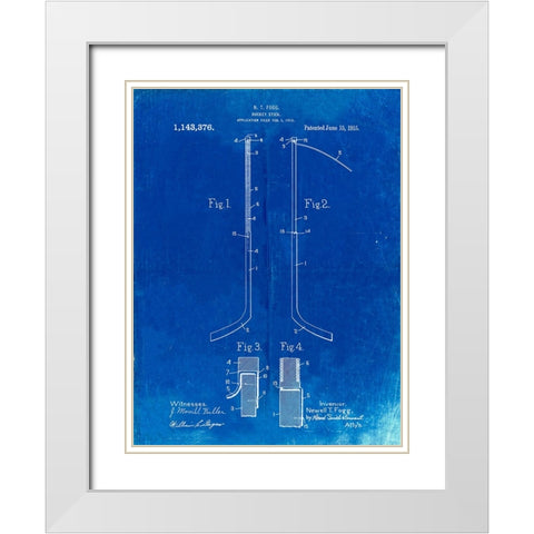 PP157- Faded Blueprint Hockey Stick 1915 Poster White Modern Wood Framed Art Print with Double Matting by Borders, Cole