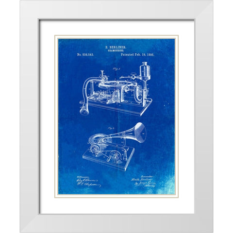 PP160- Faded Blueprint Berliner Gramophone Poster White Modern Wood Framed Art Print with Double Matting by Borders, Cole