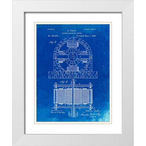 PP173- Faded Blueprint Tesla Electro Motor Patent Poster White Modern Wood Framed Art Print with Double Matting by Borders, Cole