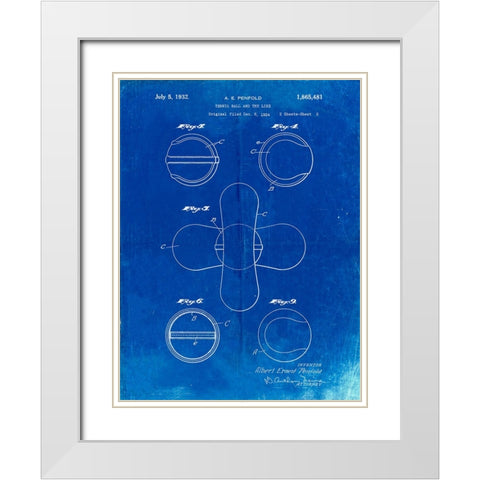 PP182- Faded Blueprint Tennis Ball 1932 Patent Poster White Modern Wood Framed Art Print with Double Matting by Borders, Cole