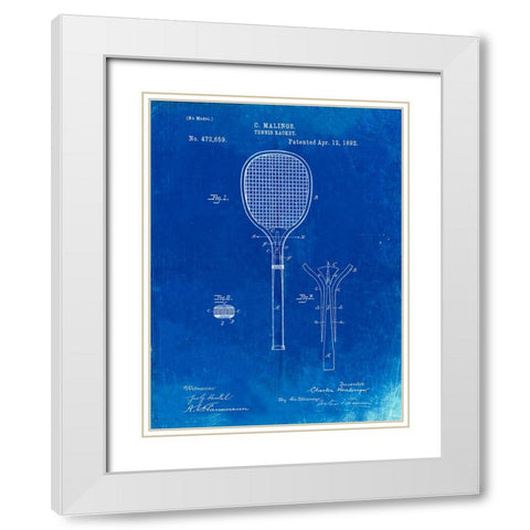 PP183- Faded Blueprint Tennis Racket 1892 Patent Poster White Modern Wood Framed Art Print with Double Matting by Borders, Cole