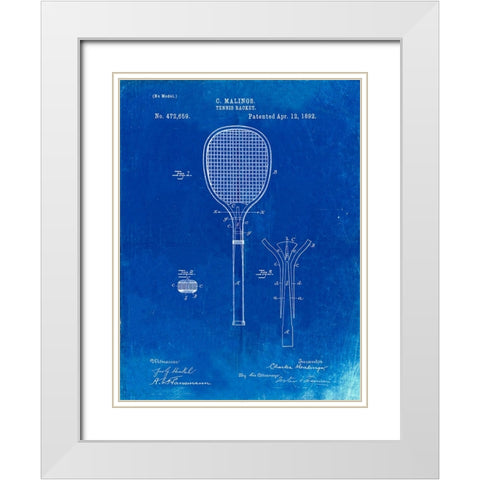 PP183- Faded Blueprint Tennis Racket 1892 Patent Poster White Modern Wood Framed Art Print with Double Matting by Borders, Cole