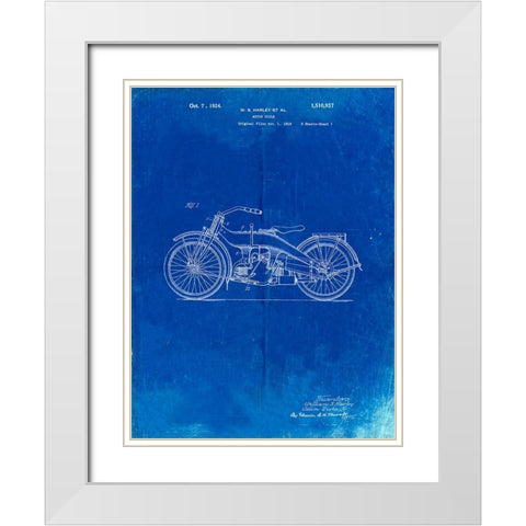PP194- Faded Blueprint Harley Davidson Motorcycle 1919 Patent Poster White Modern Wood Framed Art Print with Double Matting by Borders, Cole