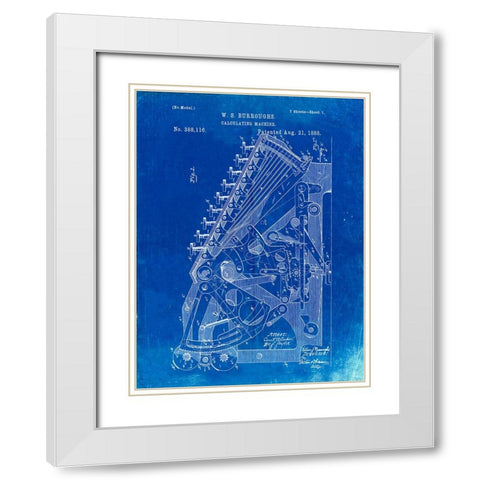 PP226-Faded Blueprint Burroughs Adding Machine Patent Poster White Modern Wood Framed Art Print with Double Matting by Borders, Cole