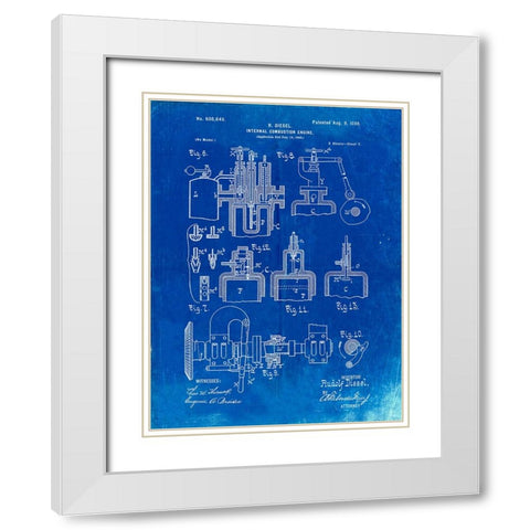 PP257-Faded Blueprint Diesel Engine 1898 Patent Poster White Modern Wood Framed Art Print with Double Matting by Borders, Cole