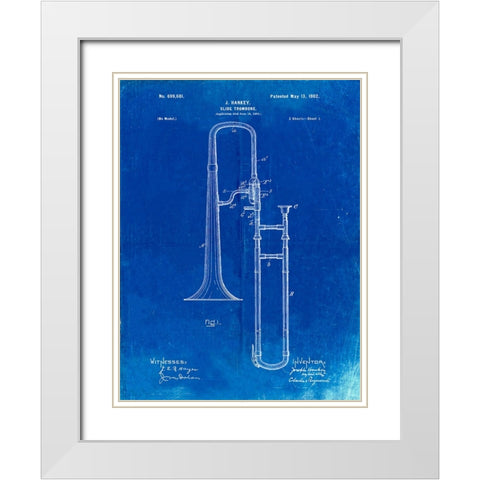 PP261-Faded Blueprint Slide Trombone Patent Poster White Modern Wood Framed Art Print with Double Matting by Borders, Cole