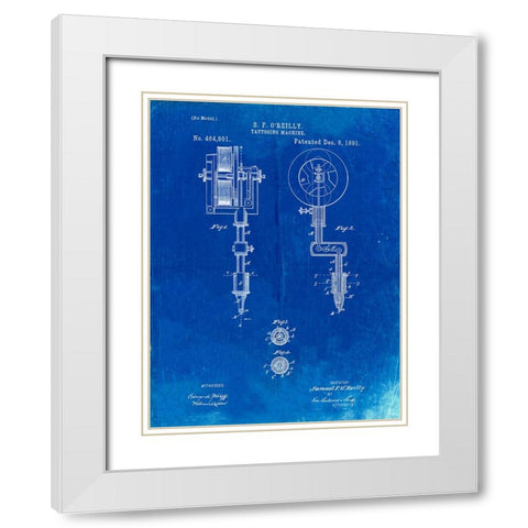 PP308-Faded Blueprint Tattooing Machine Patent Poster White Modern Wood Framed Art Print with Double Matting by Borders, Cole