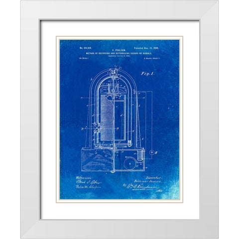 PP318-Faded Blueprint Poulsen Magnetic Wire Recorder 1900 Patent Poster White Modern Wood Framed Art Print with Double Matting by Borders, Cole