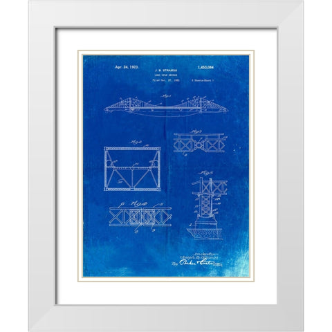 PP350-Faded Blueprint Golden Gate Bridge Patent Poster White Modern Wood Framed Art Print with Double Matting by Borders, Cole