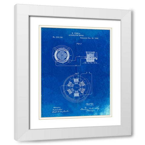 PP505-Faded Blueprint Tesla Alternating Motor Patent Poster White Modern Wood Framed Art Print with Double Matting by Borders, Cole
