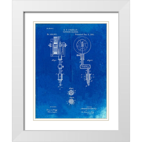 PP814-Faded Blueprint First Tattoo Machine Patent Poster White Modern Wood Framed Art Print with Double Matting by Borders, Cole
