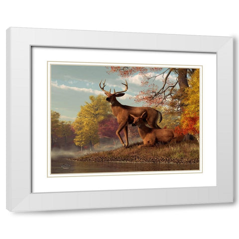 Deer On An Autumn Lakeshore White Modern Wood Framed Art Print with Double Matting by Eskridge, Daniel