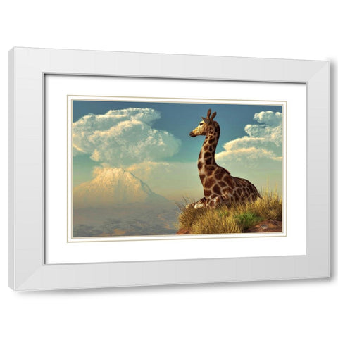Giraffe And Distant Mountain White Modern Wood Framed Art Print with Double Matting by Eskridge, Daniel
