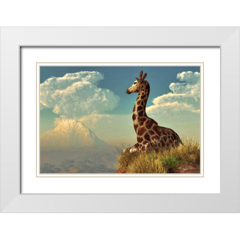 Giraffe And Distant Mountain White Modern Wood Framed Art Print with Double Matting by Eskridge, Daniel