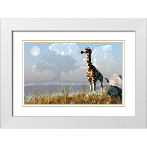 Giraffe And Giant Tree White Modern Wood Framed Art Print with Double Matting by Eskridge, Daniel