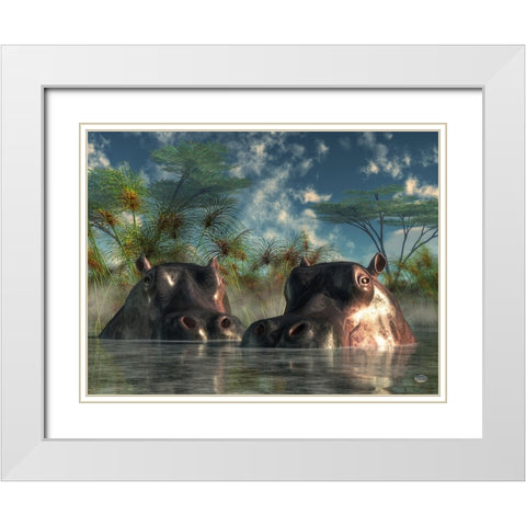 Hippos Coming To Get You White Modern Wood Framed Art Print with Double Matting by Eskridge, Daniel