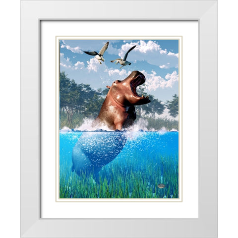 Lunging Hippo White Modern Wood Framed Art Print with Double Matting by Eskridge, Daniel