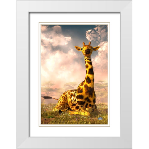 Sitting Giraffe White Modern Wood Framed Art Print with Double Matting by Eskridge, Daniel