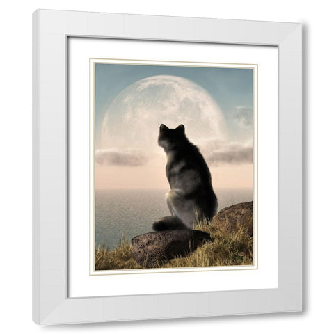 Wolf Watching The Moonrise White Modern Wood Framed Art Print with Double Matting by Eskridge, Daniel