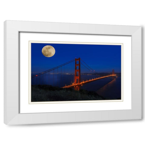 Golden Gate Bridge Full Moon White Modern Wood Framed Art Print with Double Matting by Galloimages Online