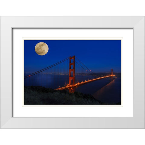 Golden Gate Bridge Full Moon White Modern Wood Framed Art Print with Double Matting by Galloimages Online