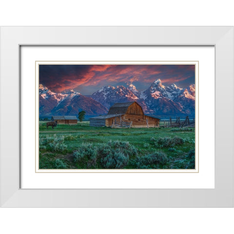 Grand Teton Mormon Barn At Sunrise White Modern Wood Framed Art Print with Double Matting by Galloimages Online