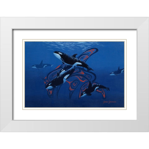 Blue Orcas White Modern Wood Framed Art Print with Double Matting by Stevenson, Graeme