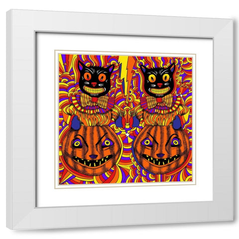 Pumpkins and Cats White Modern Wood Framed Art Print with Double Matting by Green, Howie