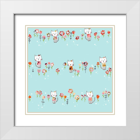 White Cat In Flowers White Modern Wood Framed Art Print with Double Matting by HUE and MI and Sangita