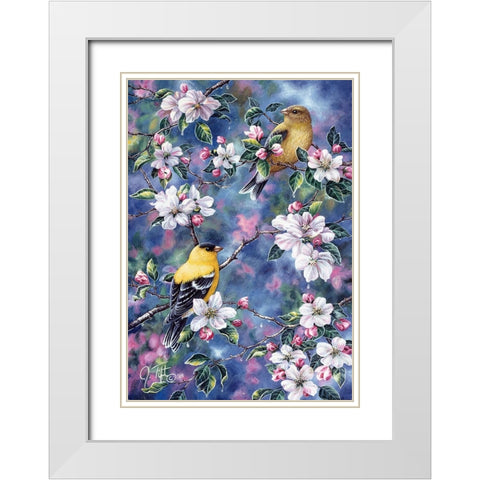 Gold Finch And Blossoms White Modern Wood Framed Art Print with Double Matting by Tift, Jeff