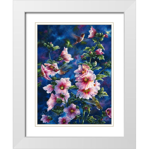 Hollyhocks And Hummingbirds White Modern Wood Framed Art Print with Double Matting by Tift, Jeff