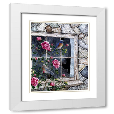 Bluebirds In Window White Modern Wood Framed Art Print with Double Matting by Tift, Jeff